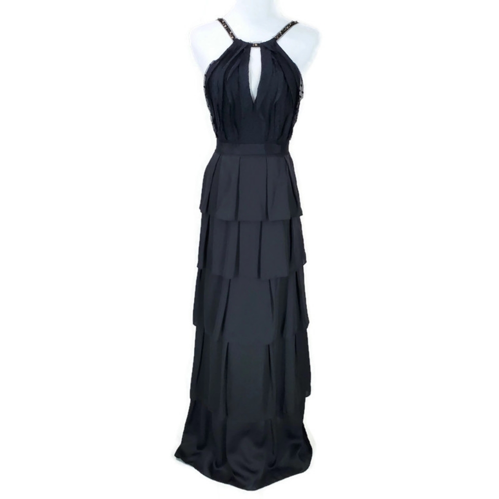 Bcbg Max Azria Black Chiffon/ Tiered Ruffle Rhinestone Silk Gown Size 2 Prom